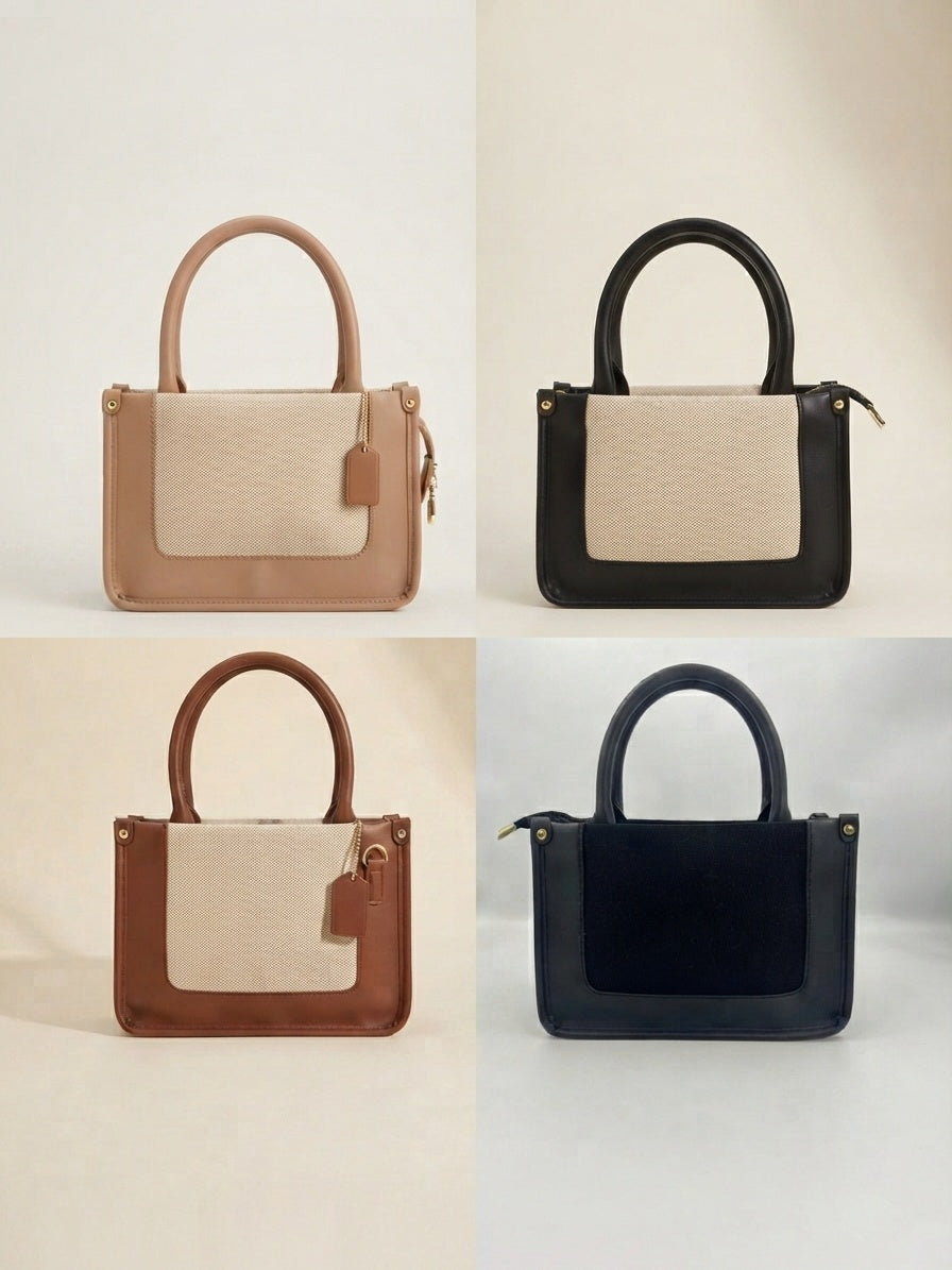 Set of four structured canvas-and-leatherette tote bags with front flap pockets and tag charms.